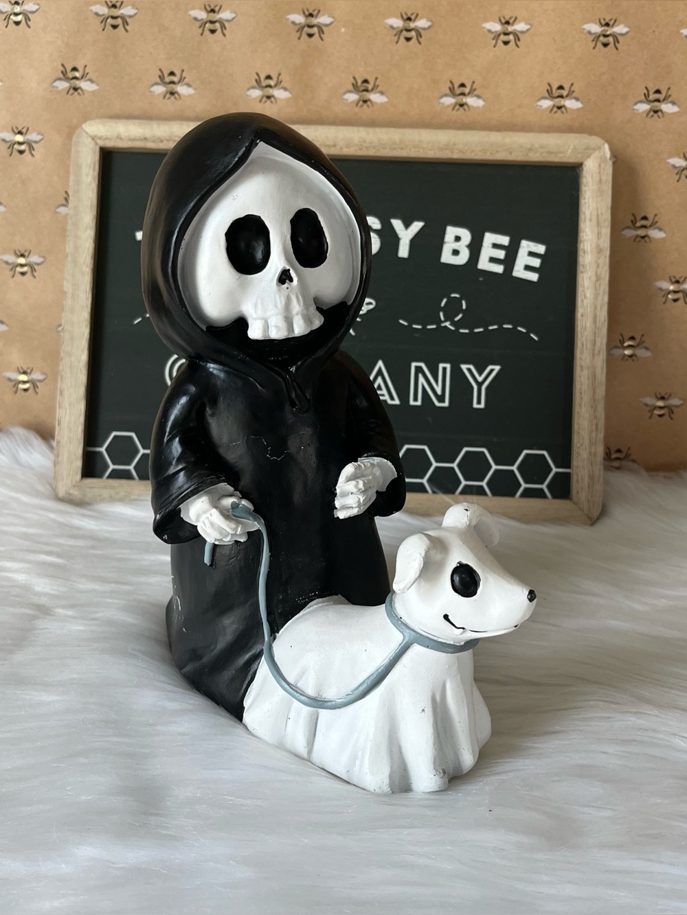 Grim Reaper Walking Ghost Dog Halloween Statue Figurine Black White Spooky